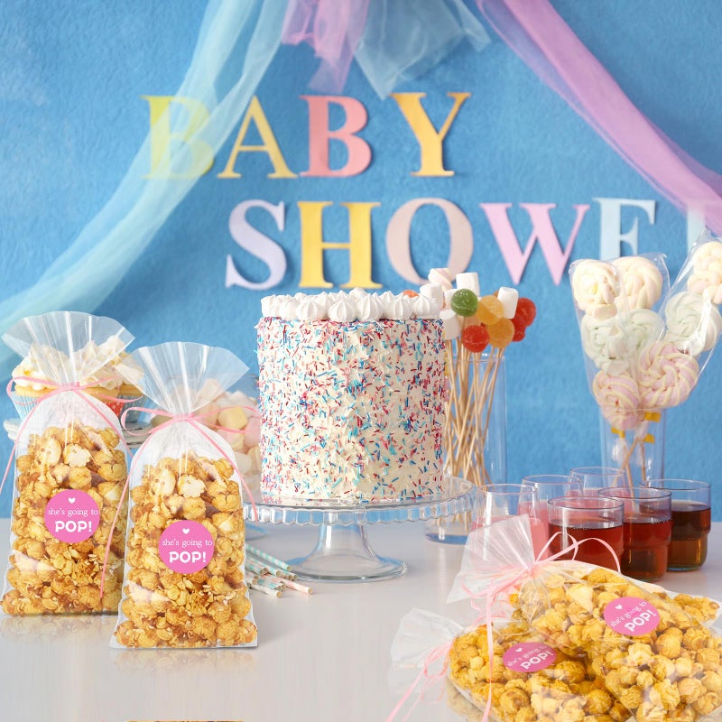 Menkxi 100 Pack Clear Popcorn Bags Bulk 4.92 x 10.83 Inch Cellophane Treat Plastic Party Favors Bags with She Is Going to Pop Label and Ribbon for Gift Wrapping, Food Storage, Baby Shower Decor(Pink) - Image 4