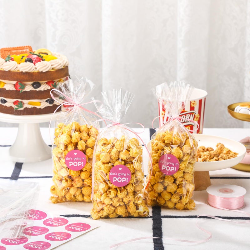 Menkxi 100 Pack Clear Popcorn Bags Bulk 4.92 x 10.83 Inch Cellophane Treat Plastic Party Favors Bags with She Is Going to Pop Label and Ribbon for Gift Wrapping, Food Storage, Baby Shower Decor(Pink) - Image 3