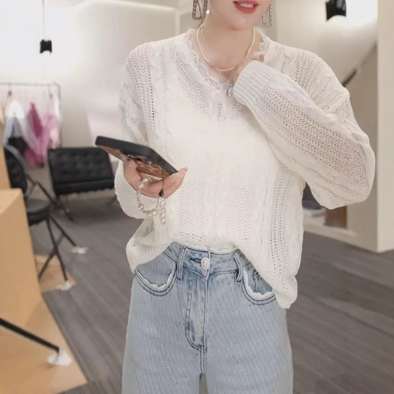 Women's Openwork V-Neck Pullover Sweater - Image 2