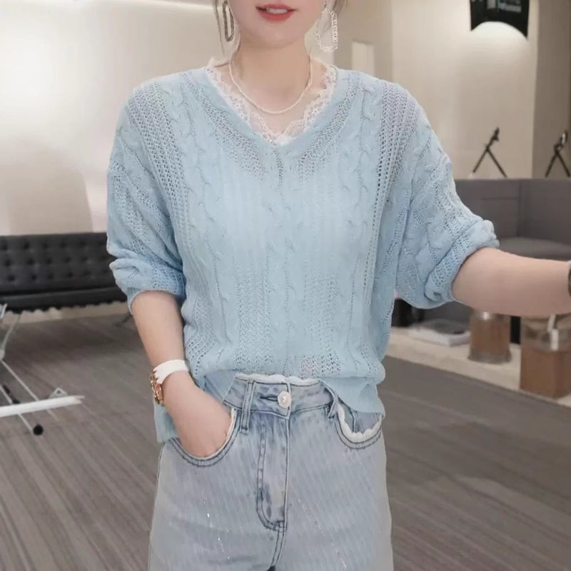 Women's Openwork V-Neck Pullover Sweater - Image 1