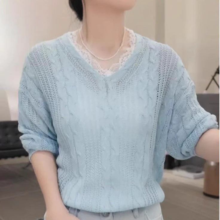 Women's Openwork V-Neck Pullover Sweater - Image 3