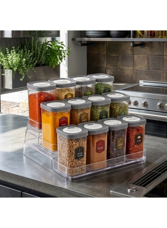 12-Piece Clear Plastic Spice Jar Set 250ml Each with Multi-Level Stair-Step Organizer Rack – Airtight Seasoning Containers with Pouring Lids, Space Saving Kitchen Spice Storage Holder for Herbs, Seeds and Homemade Spice Blends - Image 5