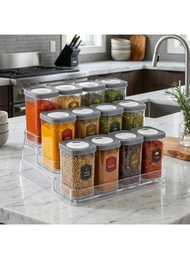 12-Piece Clear Plastic Spice Jar Set 250ml Each with Multi-Level Stair-Step Organizer Rack – Airtight Seasoning Containers with Pouring Lids, Space Saving Kitchen Spice Storage Holder for Herbs, Seeds and Homemade Spice Blends - Image 3