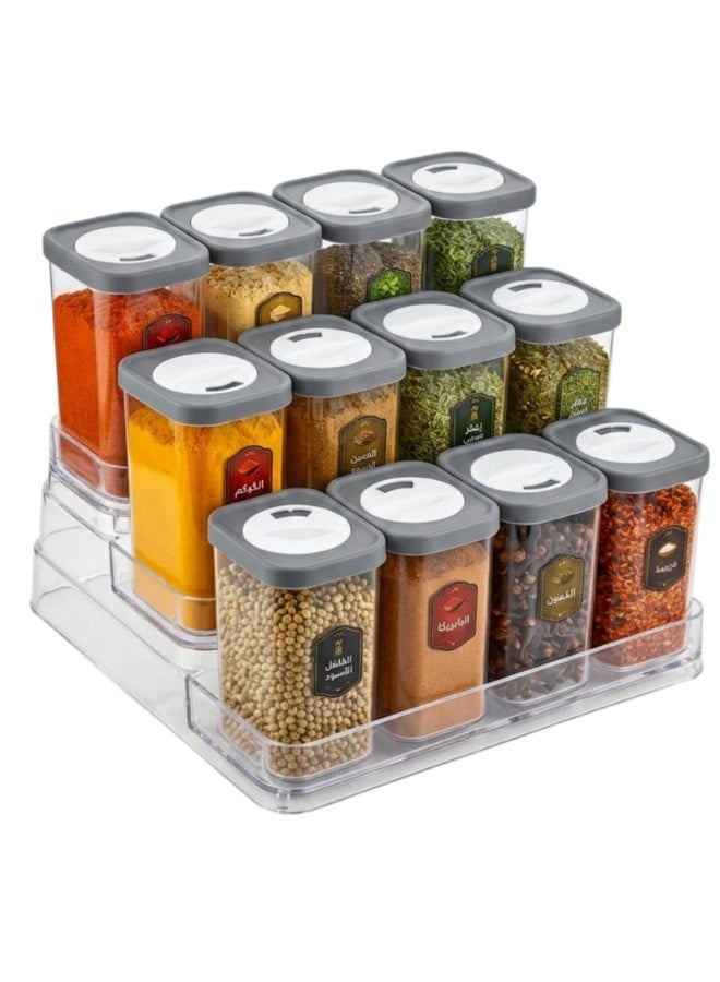 12-Piece Clear Plastic Spice Jar Set 250ml Each with Multi-Level Stair-Step Organizer Rack – Airtight Seasoning Containers with Pouring Lids, Space Saving Kitchen Spice Storage Holder for Herbs, Seeds and Homemade Spice Blends - Image 2