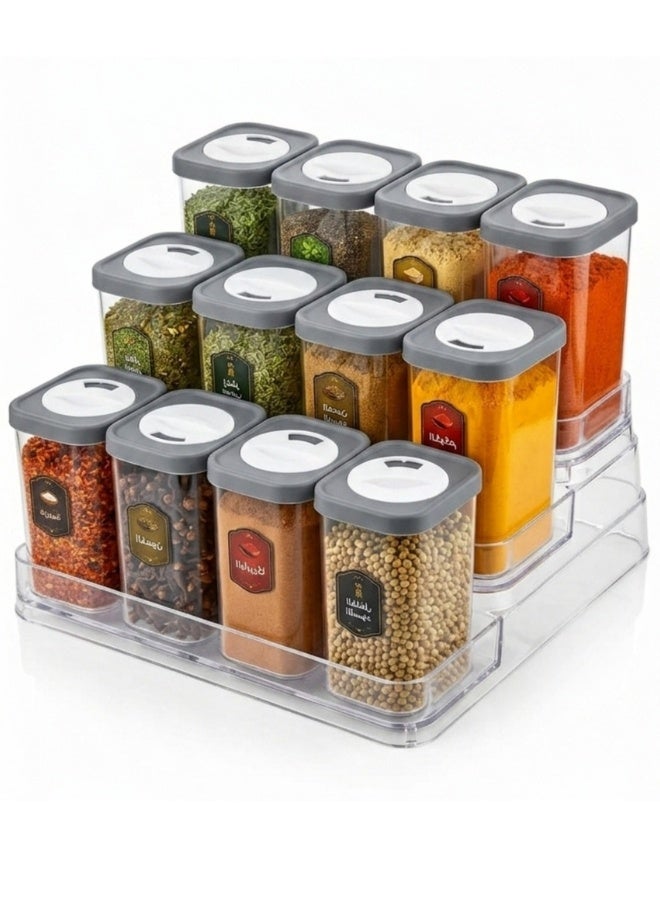 12-Piece Clear Plastic Spice Jar Set 250ml Each with Multi-Level Stair-Step Organizer Rack – Airtight Seasoning Containers with Pouring Lids, Space Saving Kitchen Spice Storage Holder for Herbs, Seeds and Homemade Spice Blends - Image 1