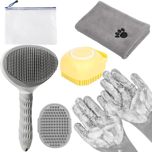 KUEIOX 6-in-1 Grey Pet Grooming Kit: Hair Brush, Towel, Washing Gloves, Slicker Brush, and Shampoo Scrubber for Dogs and Cats - Image 1