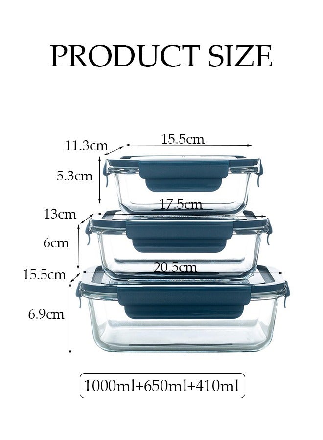 DUNISO 3 Pieces Portable Glass Lunch Boxes, Glass Kitchen Preparation Container, Durable Lockable Fresh-Keeping Box, 1000ml 650ml 410ml Preparation Container With Insulated Bag Tableware, Suitable For Children And Adults, Glass Bento Box, Bento Lunch Box,Dark Blue  - Image 3