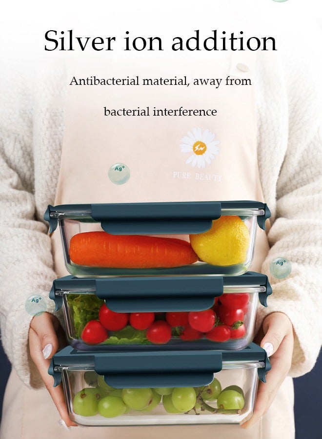 DUNISO 3 Pieces Portable Glass Lunch Boxes, Glass Kitchen Preparation Container, Durable Lockable Fresh-Keeping Box, 1000ml 650ml 410ml Preparation Container With Insulated Bag Tableware, Suitable For Children And Adults, Glass Bento Box, Bento Lunch Box,Dark Blue  - Image 1