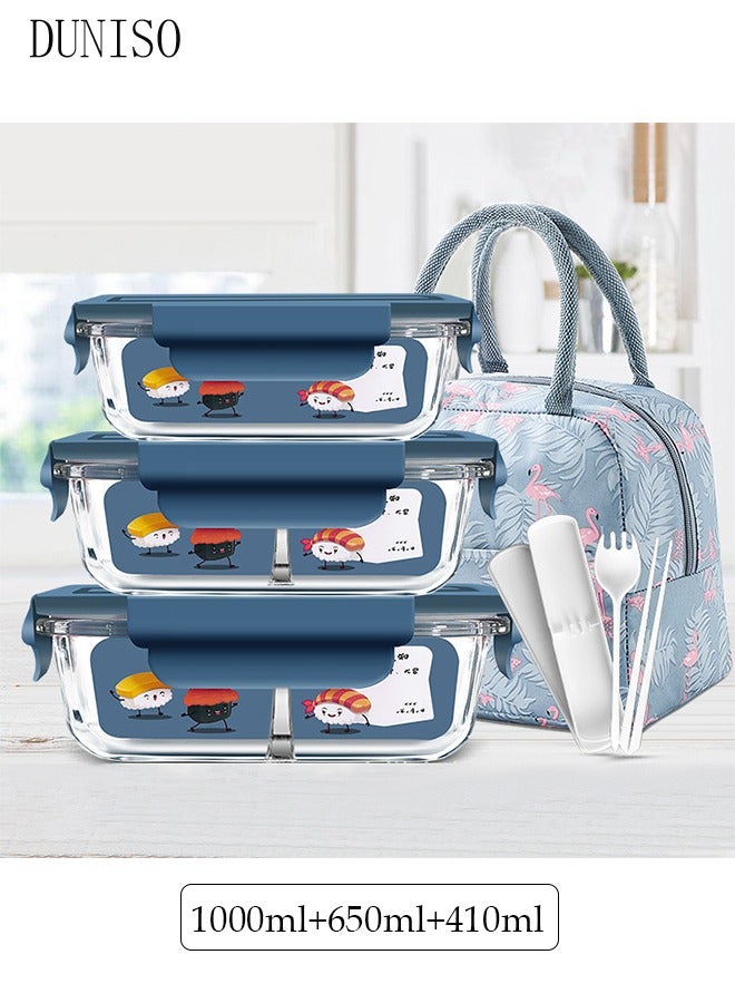 DUNISO 3 Pieces Portable Glass Lunch Boxes, Glass Kitchen Preparation Container, Durable Lockable Fresh-Keeping Box, 1000ml 650ml 410ml Preparation Container With Insulated Bag Tableware, Suitable For Children And Adults, Glass Bento Box, Bento Lunch Box,Dark Blue  - Image 2