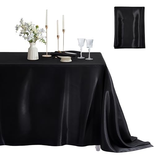 Counfeisly 1 Pack Satin Table Cover Rectangle Silkly Soft Table Cloth, Satin Dining Table Cloths for Wedding Banquet Table Decoration, Dining Room, Indoor and Outdoor Use, 60 x 102 Inches, Black - Image 1