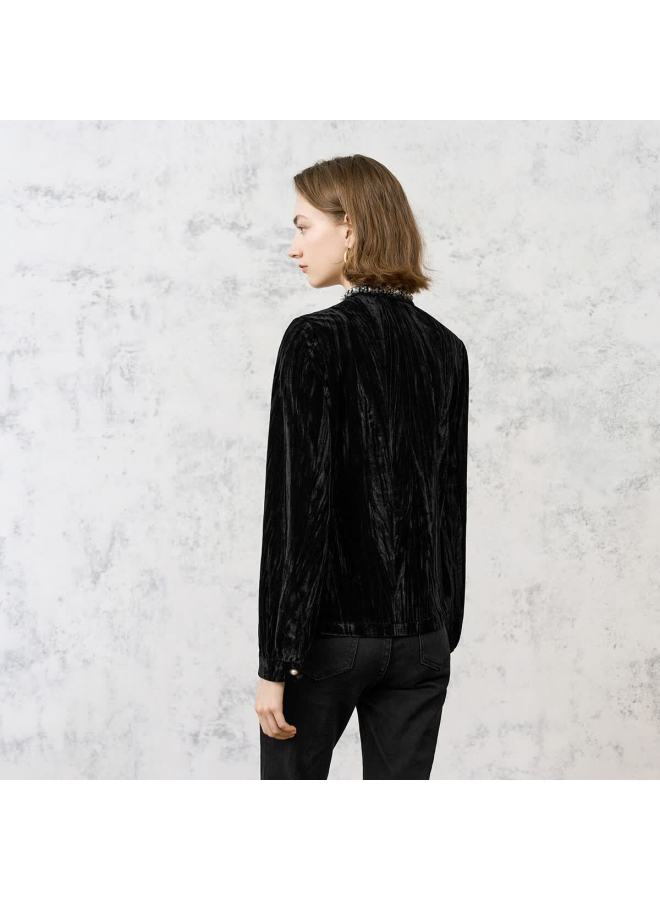 Yanyee Velvet Black Women's Shirt Winter French Vintage Slim Fit Blouse Black S - Image 2