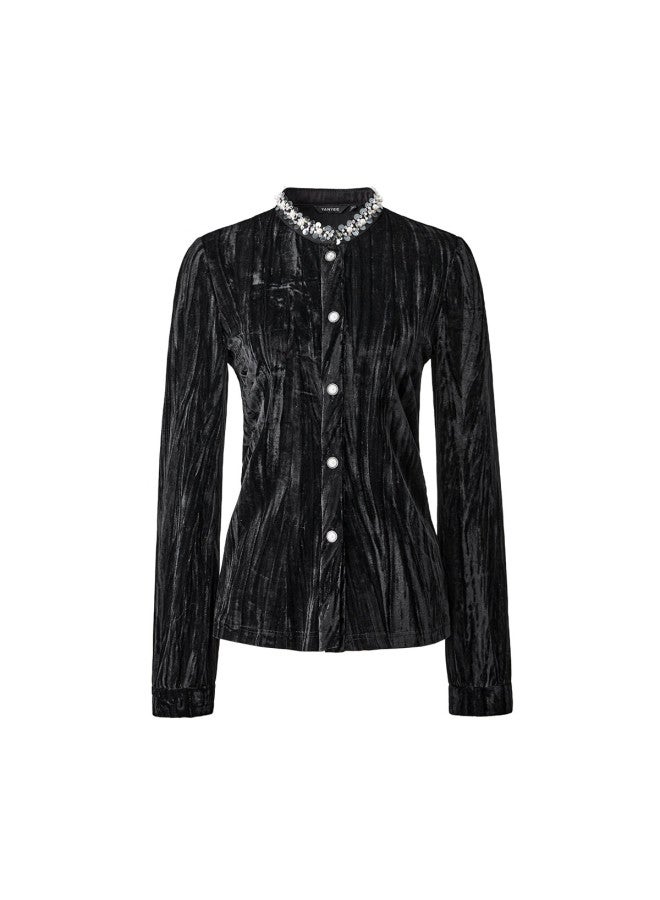 Yanyee Velvet Black Women's Shirt Winter French Vintage Slim Fit Blouse Black S - Image 3