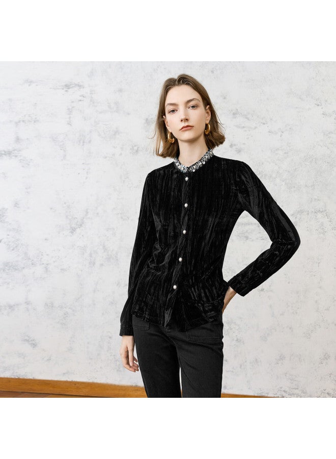 Yanyee Velvet Black Women's Shirt Winter French Vintage Slim Fit Blouse Black S - Image 1