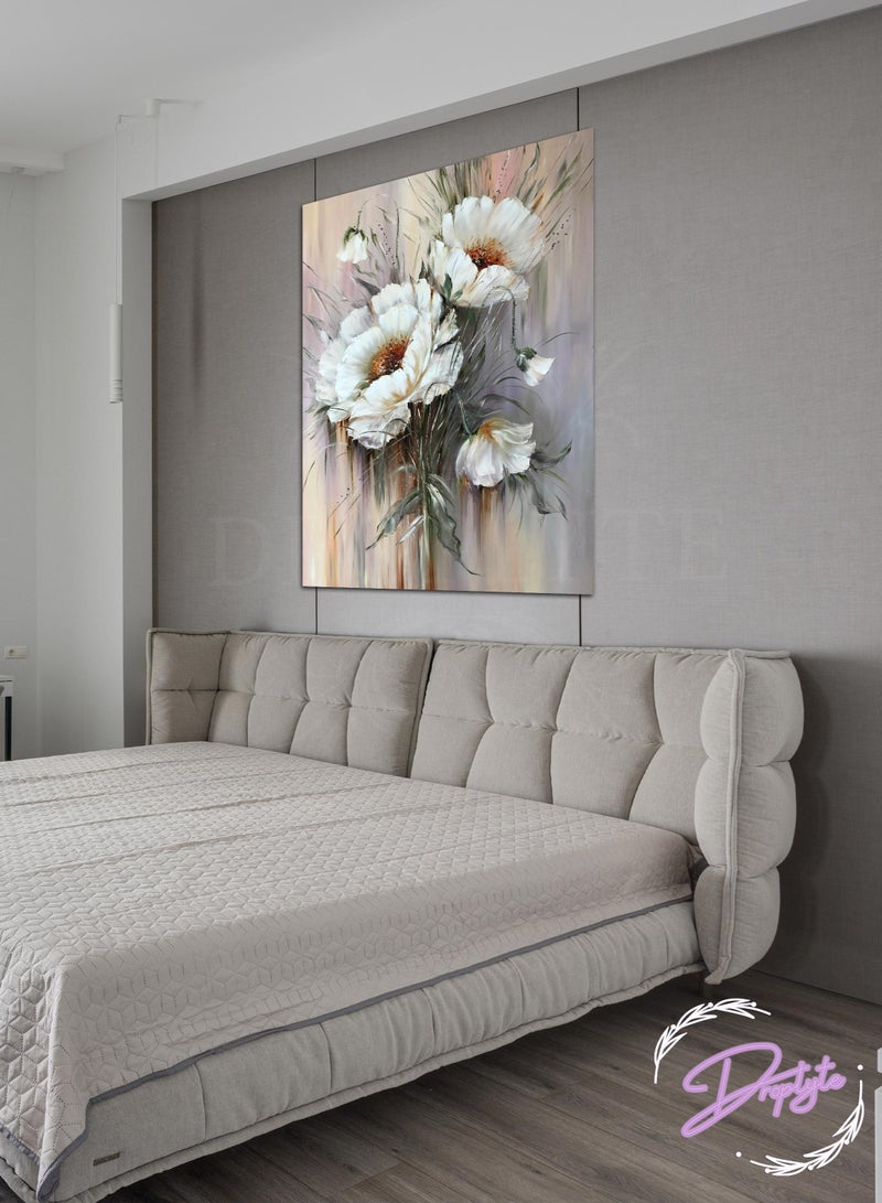 Droplyte White Flowers Abstract Painting Decorative Wall Art Wall Decor Card Board MDF Home Decor for Living Room, Drawing Room, Office Room and Bedroom 30CM x 40CM  - Image 1