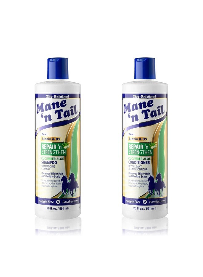 ماين ان تيل شامبو وبلسم Mane 'n Tail Repair 'n Strengthen (20 أونصة لكل منهما) - خيار وصبار، خالٍ من الكبريتات والبارابين، نباتي، مع الأرجان وجوز الهند والهيالورونيك والبيوتين لشعر قوي وصحي - Image 1