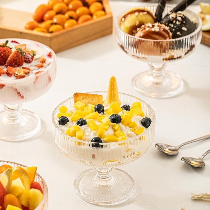 AZLVERA Ice Cream Sundae Glass Bowl Set of 6 Clear Stripes Footed Dessert Bowls Glass Dessert Cups Perfect for Sundae Ice Cream Fruit Salad Cocktail Trifle 250 ml 6 - Image 3