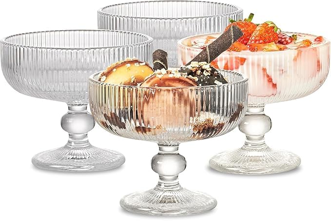 AZLVERA Ice Cream Sundae Glass Bowl Set of 6 Clear Stripes Footed Dessert Bowls Glass Dessert Cups Perfect for Sundae Ice Cream Fruit Salad Cocktail Trifle 250 ml 6 - Image 1
