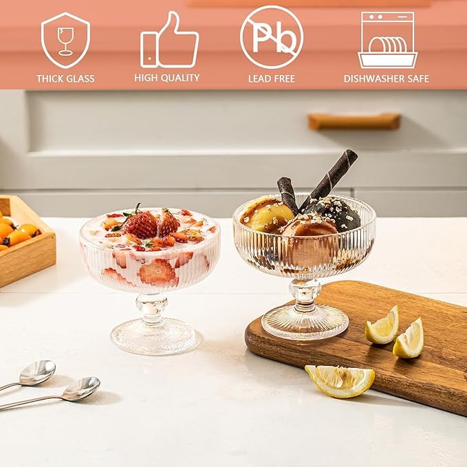 AZLVERA Ice Cream Sundae Glass Bowl Set of 6 Clear Stripes Footed Dessert Bowls Glass Dessert Cups Perfect for Sundae Ice Cream Fruit Salad Cocktail Trifle 250 ml 6 - Image 4