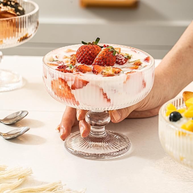 AZLVERA Ice Cream Sundae Glass Bowl Set of 6 Clear Stripes Footed Dessert Bowls Glass Dessert Cups Perfect for Sundae Ice Cream Fruit Salad Cocktail Trifle 250 ml 6 - Image 2