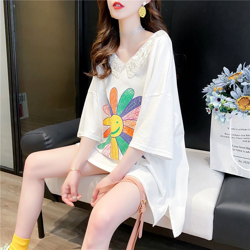 Summer T-shirt Women's Short-sleeved Student Mid-length 2023 New Internet Trendy Front and Back V-neck Loose Top ins Trendy Korean Style - Image 3