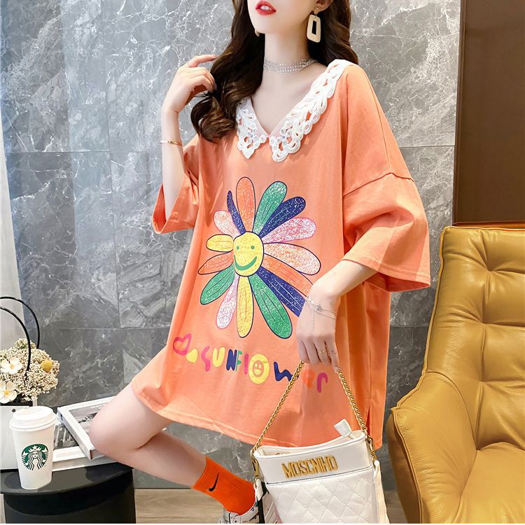 Summer T-shirt Women's Short-sleeved Student Mid-length 2023 New Internet Trendy Front and Back V-neck Loose Top ins Trendy Korean Style - Image 2