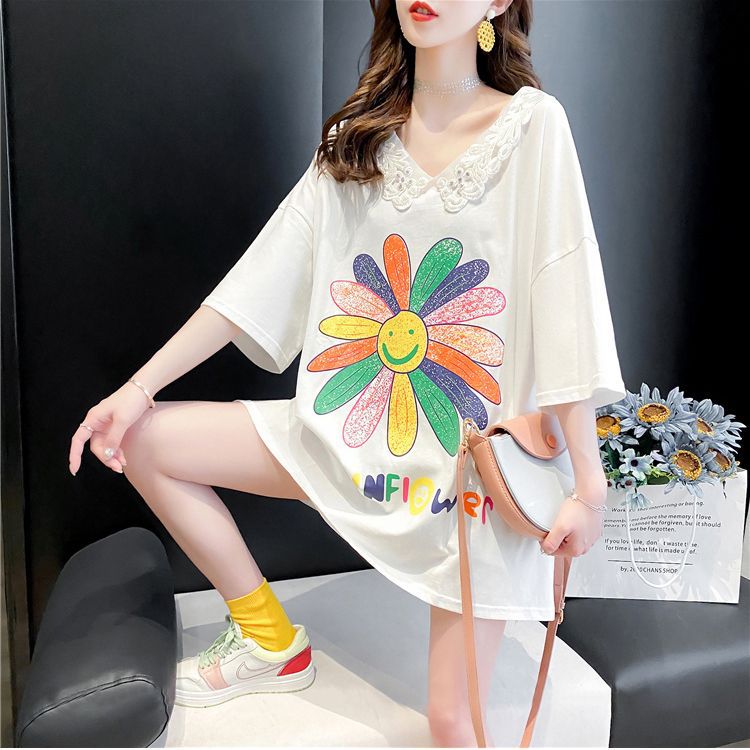 Summer T-shirt Women's Short-sleeved Student Mid-length 2023 New Internet Trendy Front and Back V-neck Loose Top ins Trendy Korean Style - Image 1