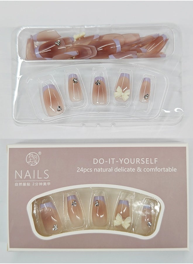 NIBEMINENT 24Pcs Fake Nails, Press Nails In Box,Mid-length Flat head shaped Solid Skin Purple Color Shiny Nail Art,White Bow knot,Fake Nail Patch  - Image 2