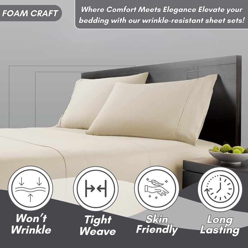 FOAM CRAFT Luxury Quality 6 Piece Bed Sheet Set - Queen Size, 100% Cotton, Fade Resistant, Beige - Image 3