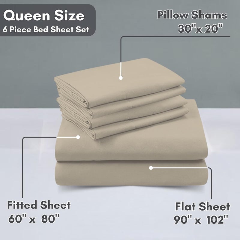 FOAM CRAFT Luxury Quality 6 Piece Bed Sheet Set - Queen Size, 100% Cotton, Fade Resistant, Beige - Image 2