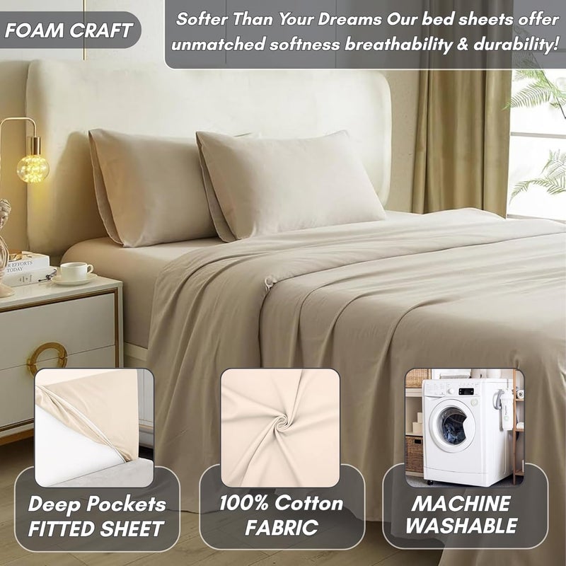 FOAM CRAFT Luxury Quality 6 Piece Bed Sheet Set - Queen Size, 100% Cotton, Fade Resistant, Beige - Image 4