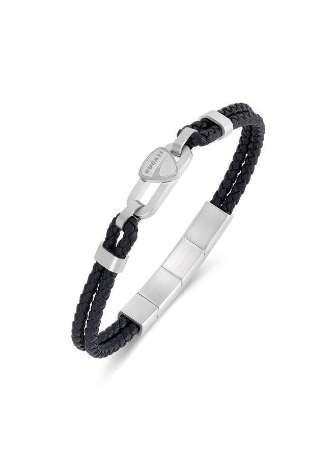 Ducati Nitro Silver Stainless Steel Black Braided Leather Bracelet for Men 180mm - Image 1