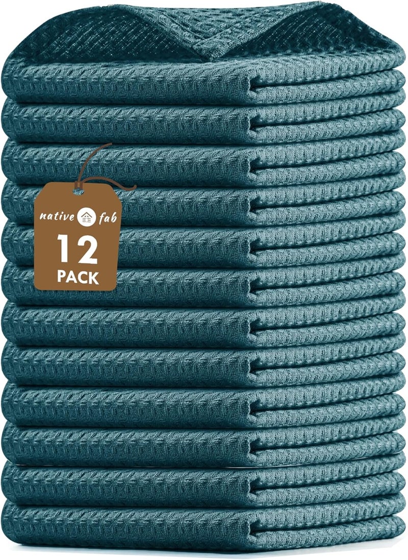 Native Fab Waffle 12 Pack Dish Cloths  100 Cotton Absorbent Quick Drying Washable Towels for Cleaning Cooking  Ideal for Home Restaurants Bars  Multi Purpose Use  12 x 12 inch  Teal Green - Image 1