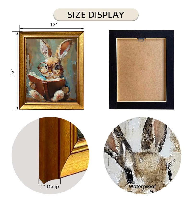 AIANHUA Cute Easter Bunny Reading Book Wall Art Vintage Gold Framed Artwork Tiny Rabbig Big Glasses Canvas Print Spring Nursery Painting Decor for Kids Room Study Room Decor - Image 2