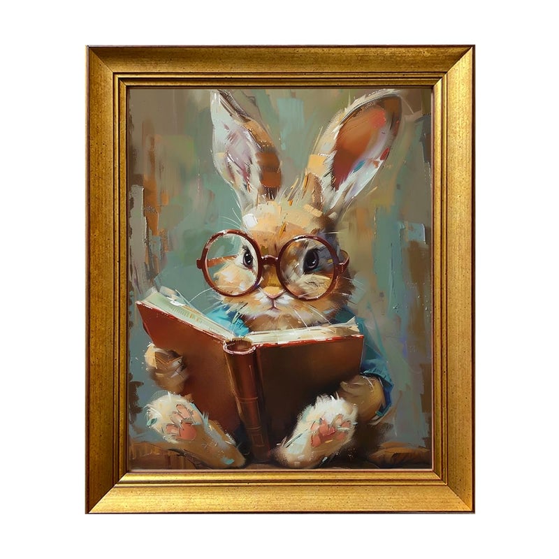 AIANHUA Cute Easter Bunny Reading Book Wall Art Vintage Gold Framed Artwork Tiny Rabbig Big Glasses Canvas Print Spring Nursery Painting Decor for Kids Room Study Room Decor - Image 1