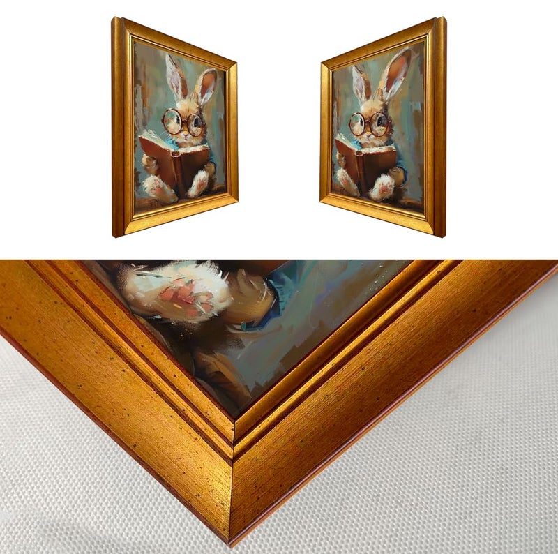 AIANHUA Cute Easter Bunny Reading Book Wall Art Vintage Gold Framed Artwork Tiny Rabbig Big Glasses Canvas Print Spring Nursery Painting Decor for Kids Room Study Room Decor - Image 4
