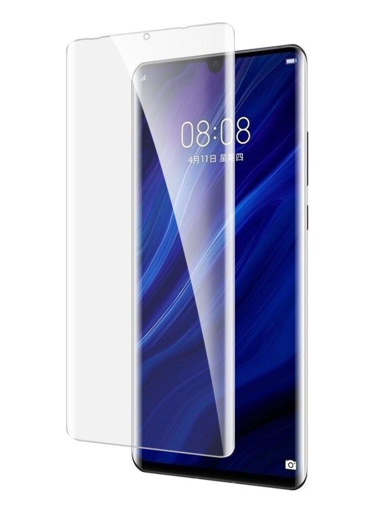 واقي شاشة Huawei P30 الجديد من الزجاج المقوى المنحني ثلاثي الأبعاد / صلابة 9H / مضاد للخدش / شفافية 99% / مضاد للصدمات / وضوح عالي / تركيب سهل وخالٍ من الفقاعات / متوافق مع معظم حافظات الهواتف - شفاف