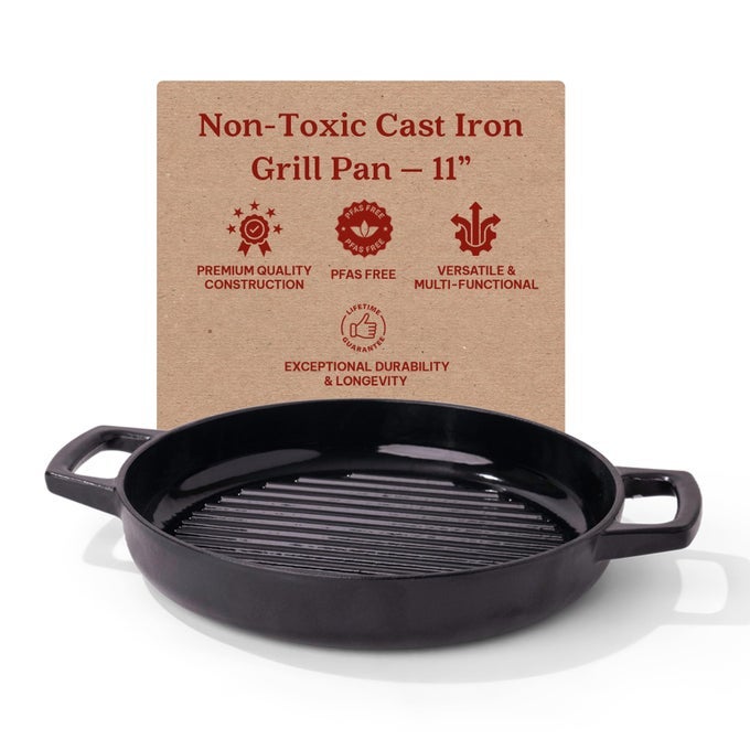 NORI 11 PRESEASONED CAST IRON GRILL PAN PFAS PFOA PTFEFREE NONSTICK LIGHTWEIGHT EASY TO CLEAN ALL STOVETOPS OVEN SAFE PREMIUM BLACK GRIDDLE