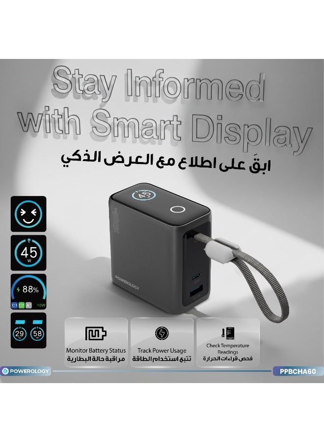 Powerology 15000 mAh mini Power Bank with Smart Color Display & Built-in Type-C Cable / Laptop Charging / PD 45W & QC 22.5W Fast Charger mini PowerBank 15000mAh / For iPhone 17/16 Series, Samsung, Macbook - Grey - Image 4