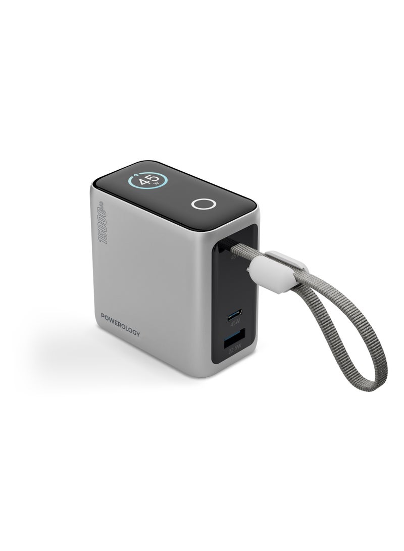 Powerology 15000 mAh mini Power Bank with Smart Color Display & Built-in Type-C Cable / Laptop Charging / PD 45W & QC 22.5W Fast Charger mini PowerBank 15000mAh / For iPhone 17/16 Series, Samsung, Macbook - Grey - Image 1