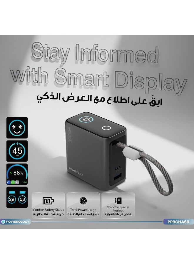 Powerology 15000 mAh mini Power Bank with Smart Color Display & Built-in Type-C Cable / Laptop Charging / PD 45W & QC 22.5W Fast Charger mini PowerBank 15000mAh / For iPhone 17/16 Series, Samsung, Macbook - Grey - Image 2