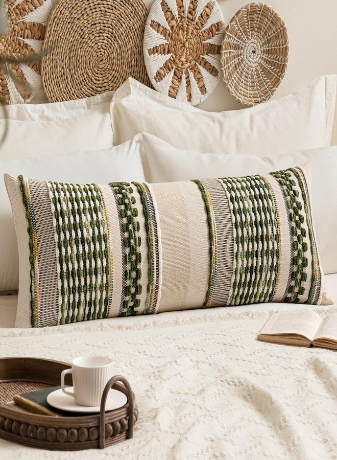 ANRODUO Pack of 1 Boho Decorative Throw Pillow Covers 14x36 Farmhouse Cushion Case Long Chenille Pillow Cases Lumbar Pillow Covers Accent Neutral Pillowcase for Sofa Couch Bed, Olive Green Stripe - Image 1