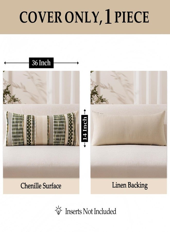ANRODUO Pack of 1 Boho Decorative Throw Pillow Covers 14x36 Farmhouse Cushion Case Long Chenille Pillow Cases Lumbar Pillow Covers Accent Neutral Pillowcase for Sofa Couch Bed, Olive Green Stripe - Image 4