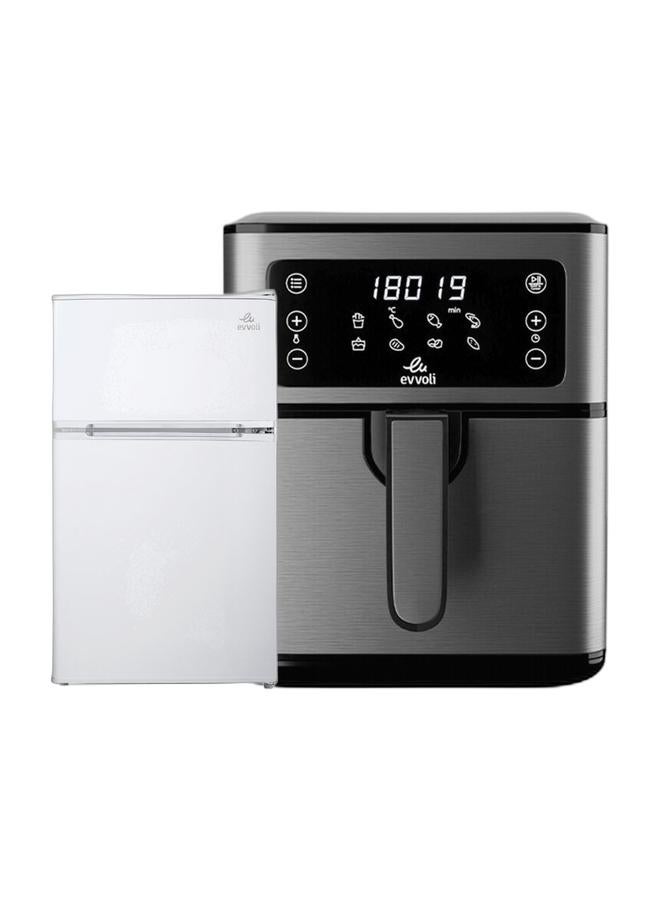 Top Mount Refrigerator, 100 Liters, Adjustable Leg, Interior light, Defrost Type EVRFM-100W White & Air Fryer 5.5L, 8 Preset Programs With Digital Control Panel Display, Built-In Preheat Function 5.5 L 1700 W EVKA-AF5508D GreyBundle