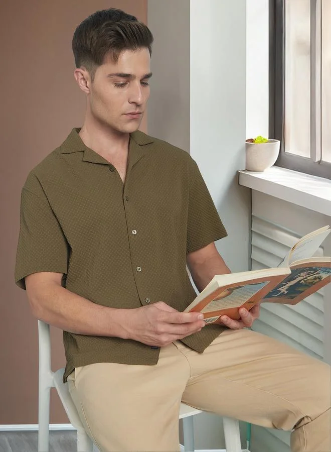 Dennis Lingo Olive Relaxed Fit Cuban Collar Half Sleeve Shirt For Men Tailored With A Textured Cotton