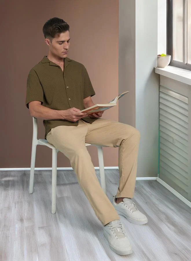 Dennis Lingo Olive Relaxed Fit Cuban Collar Half Sleeve Shirt For Men Tailored With A Textured Cotton
