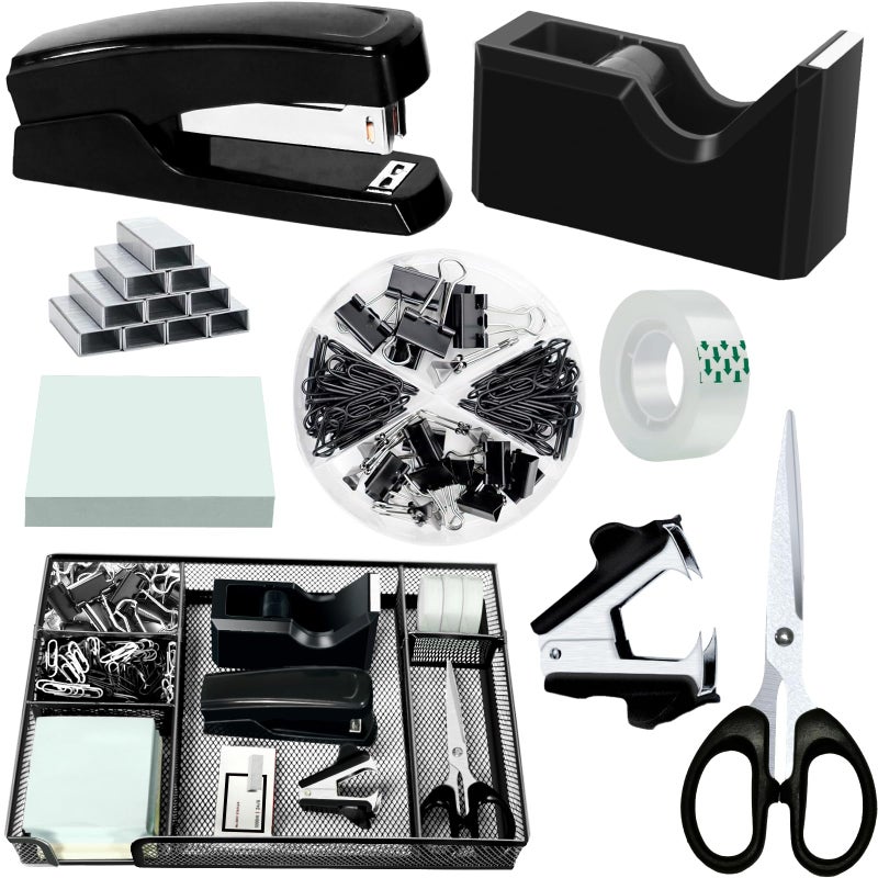 Daphilly Black Office Desk Accessories, Black Office Supplies Set, Desk Drawer Organizer,Stapler and Tape Dispenser Set,Tape,Staple Remover, Staples, Paper Clips, Scissor and Sticky Note - Image 1