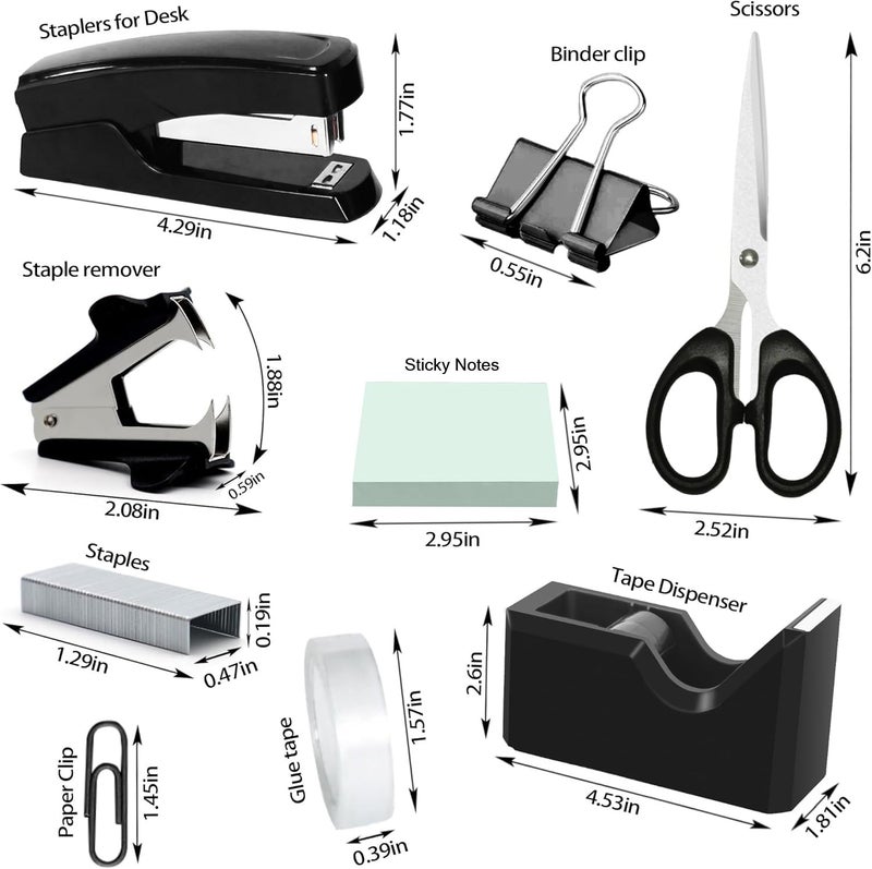 Daphilly Black Office Desk Accessories, Black Office Supplies Set, Desk Drawer Organizer,Stapler and Tape Dispenser Set,Tape,Staple Remover, Staples, Paper Clips, Scissor and Sticky Note - Image 2