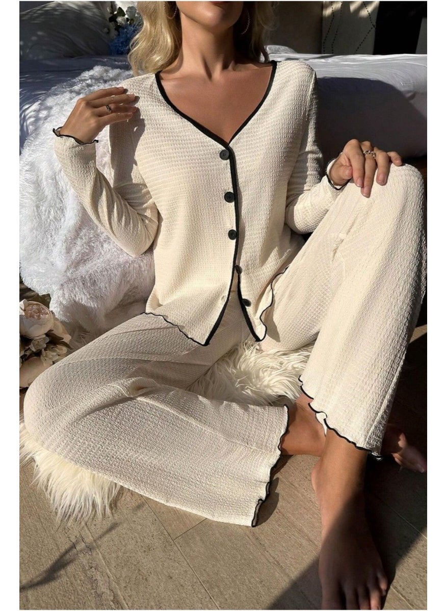 Bella Notte V Neck Buttoned Long Pajama Set  - Image 1