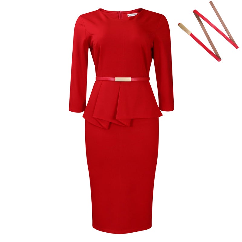Generic D501 Elegant Solid Pencil Dress OL Blue Belt - Image 2