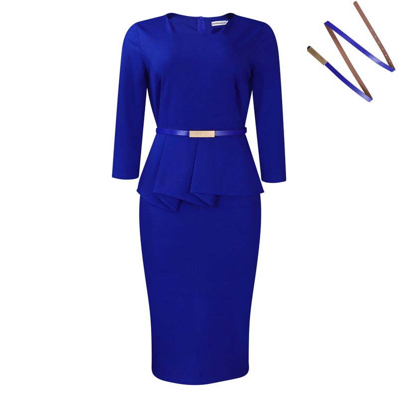 Generic D501 Elegant Solid Pencil Dress OL Blue Belt - Image 1